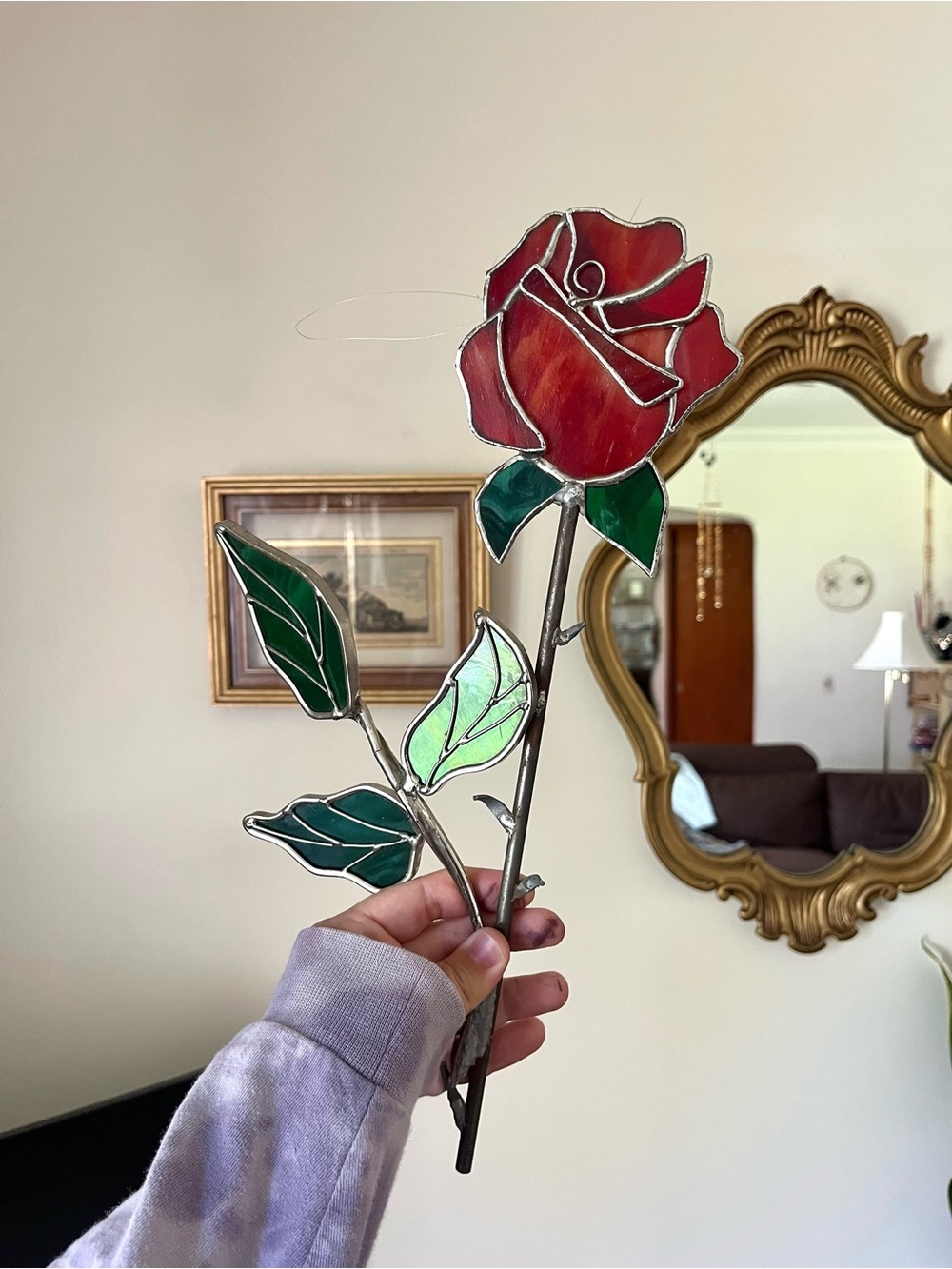 Handmade Stained Glass Rose Decor 14”